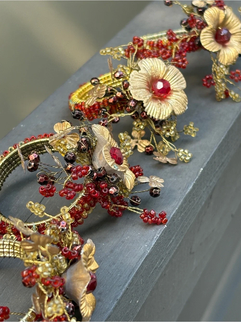 Vintage Pier 1, Beaded Floral Napkin Rings Set of 4 | Gold, Copper & Ruby Red